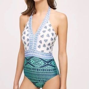 ANTHROPOLOGIE Mermaid Bordered Halter One Piece Swimsuit Size M